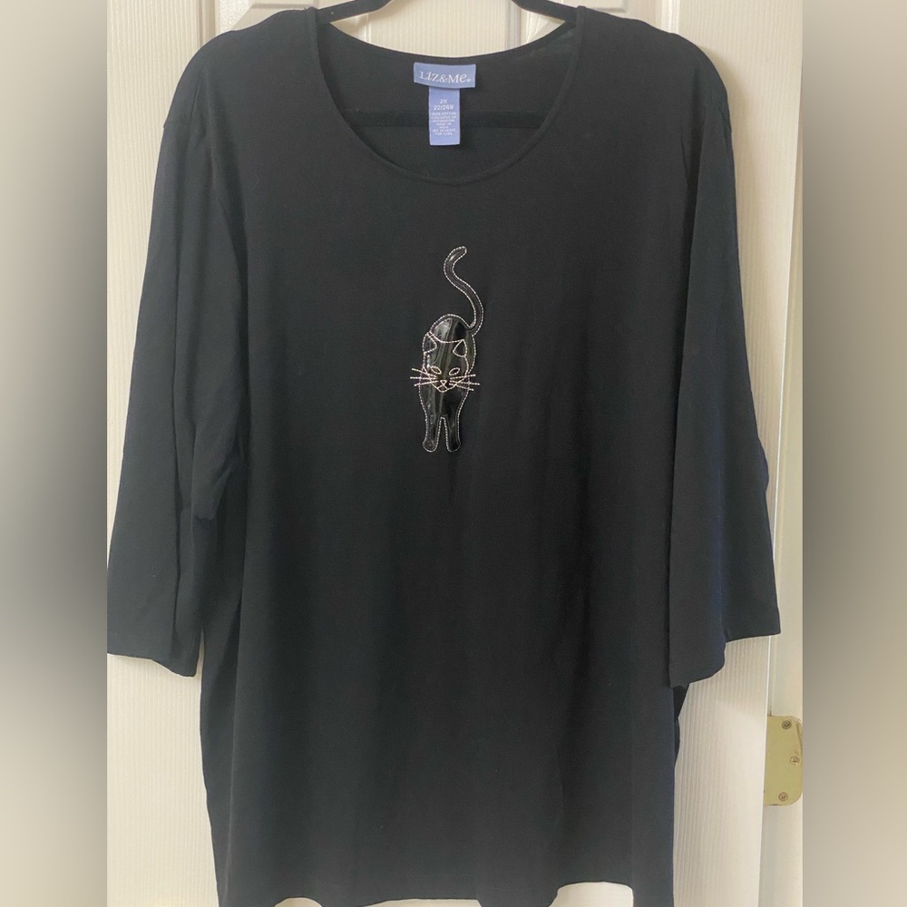 Liz & Me Long Sleeve Black Cat Embellished Halloween Top Size 2X 22/24